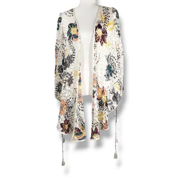 EUC Free People Floral Print Cropped Silk Blend Burnout Kimono Sz. XS White - Picture 3 of 14